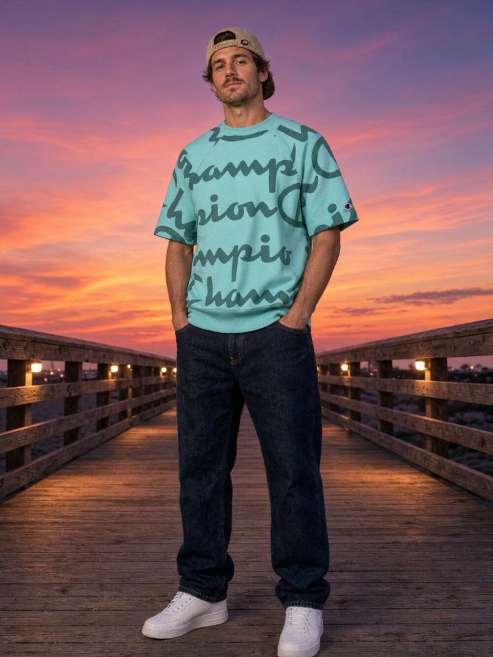 Champion Men Turquoise Blue Reverse Weave Short Sleeve Crew Sweat US XS